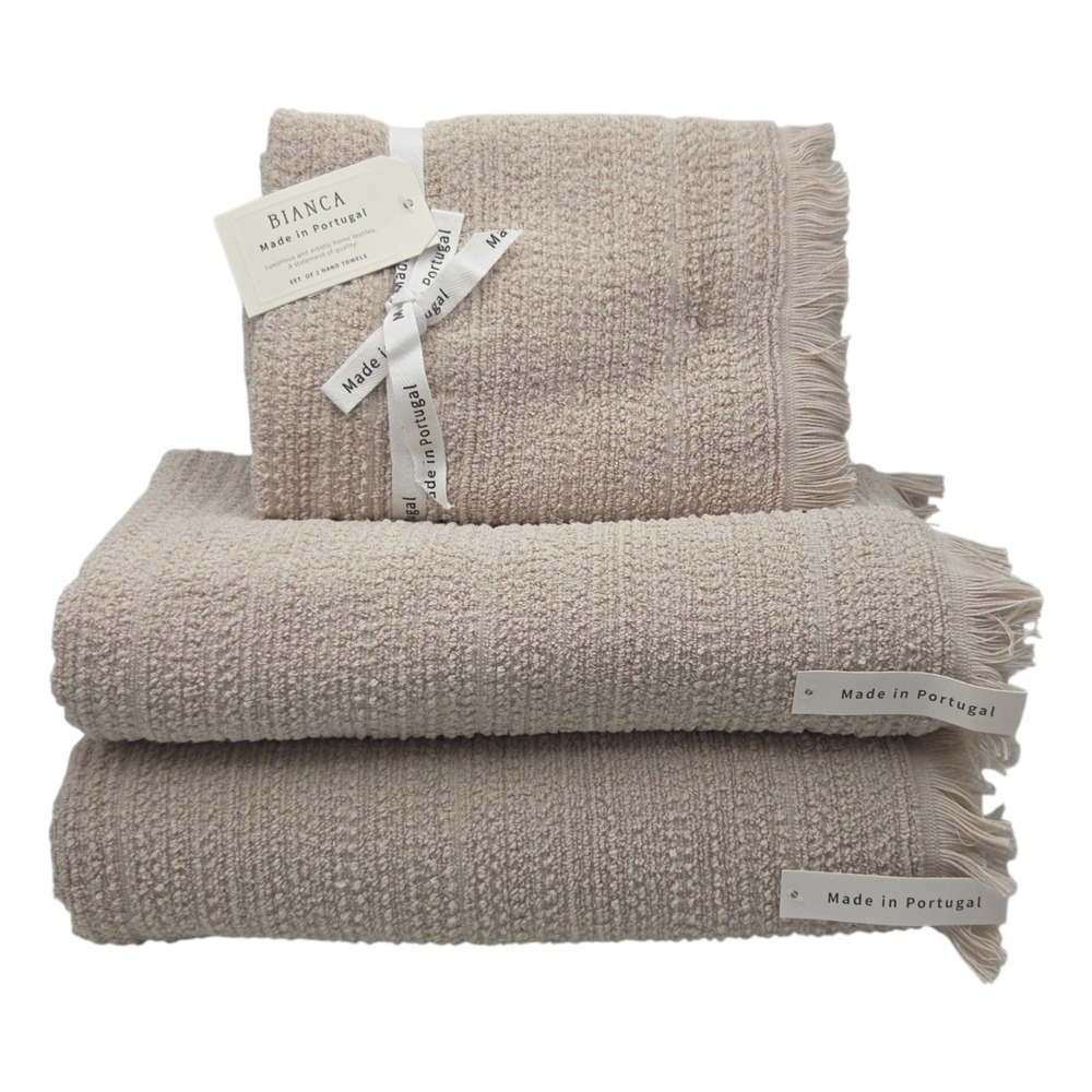 Bianca 4pc Taupe Fringe Textured Cotton Bath & Hand Towel Set Made in Portugal